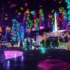 Neon city street with floating emojis