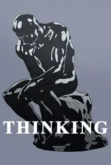 Thinking statue with text