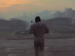 Man celebrating with arms raised at sunset