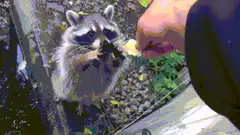 Raccoon eating from hand
