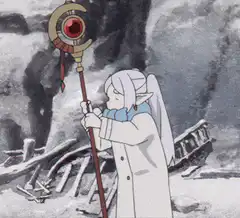 Frieren holding staff in ruins