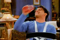 Joey drinks from a jar, Ross looks disgusted
