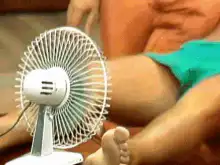Man relaxing on couch with fan
