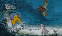 Rabbit yells at Gopher near Don't Feed the Bear sign