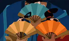 Three women with fans peeking