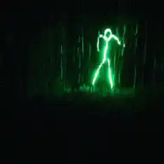 glowing green figure dancing in woods