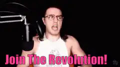 Man raises fist with Join The Revolution text