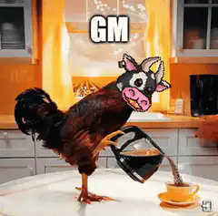 Cow-headed rooster pouring coffee GM