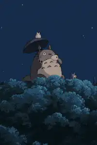 Totoro holding an umbrella at night