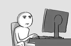 Man typing then looking at screen with binoculars
