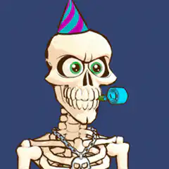 Skeleton with party hat blowing a party horn