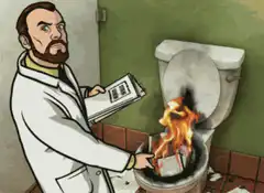 Man burning papers in toilet