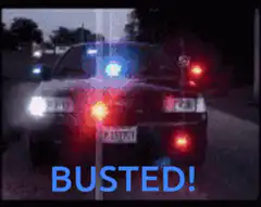 Police car with flashing lights and BUSTED text