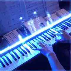 Glowing blue piano with magic particles
