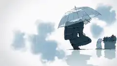 Person with umbrella and cat in rain