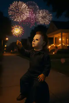 Michael Myers holding a sparkler with fireworks