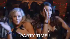 Two women dancing with PARTY TIME text