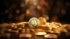 Bitcoin coins with golden bokeh background