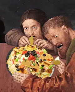 Two monks eating nachos