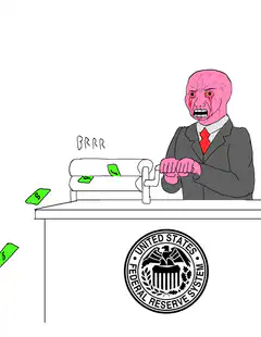 Pink man printing money at Federal Reserve