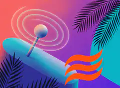 Retro synthwave joystick with palm leaves