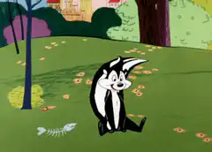 Pepe Le Pew sitting with fish bones