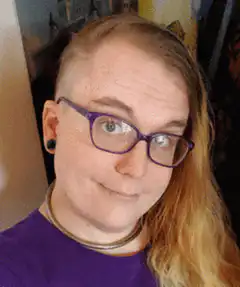 Woman with glasses smirking in various settings