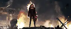 Scarlet Witch standing amidst fire and debris