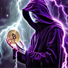 Hooded figure holding Bitcoin with lightning