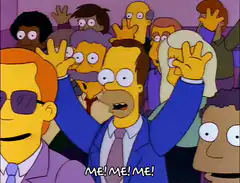Man raising hand and pointing saying Me Me Me