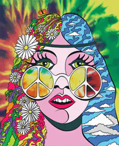 Hippie girl with psychedelic peace sign sunglasses