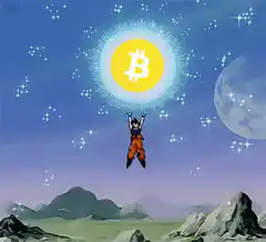 Goku holding Bitcoin sun