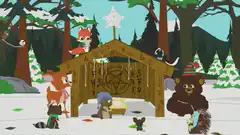 Animals singing carols at a nativity scene