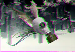Flying gas mask bird glitch city