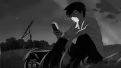 Anime boy looking at phone at night