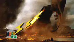Dragon breathing fire on a building