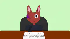Pixel art fox and rabbit at desk