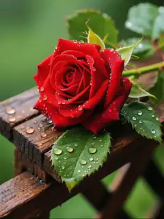 red rose with water droplets on wood