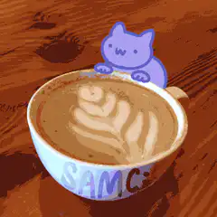 purple cat peeking over coffee cup