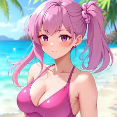 anime girl pink hair beach