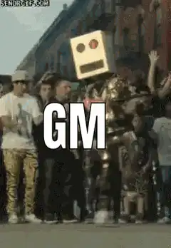 Crowd with robot head and GM text