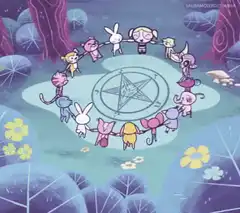 Powerpuff Girls and animals holding hands in a circle