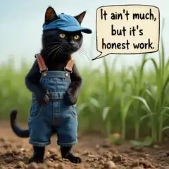 Farmer cat digging with a pitchfork