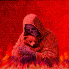 Grim Reaper hugging teddy bear