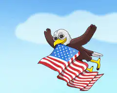 Sad bald eagle with American flag