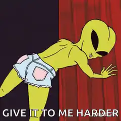 Alien twerking against a curtain