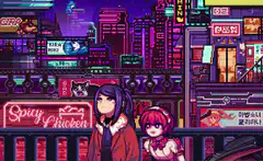 Pixel art cyberpunk city with two girls