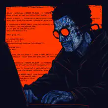 Blue zombie hacker typing code