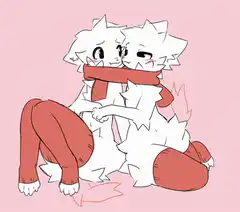 Two white foxes cuddling with a scarf