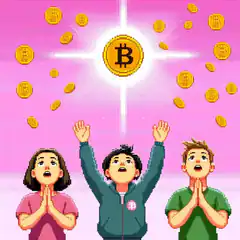 Pixel art people celebrating bitcoin